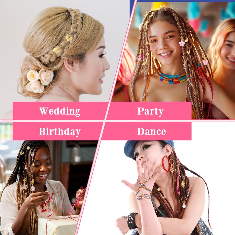 Nogeqi 36 Pcs Pink Crystal Hair Charms for Braids, Butterfly Hair Clips for Women,Pearl Rings for Braids Accessories,Multi Style Loc Jewelry for Women Fashion Styling - Image 3